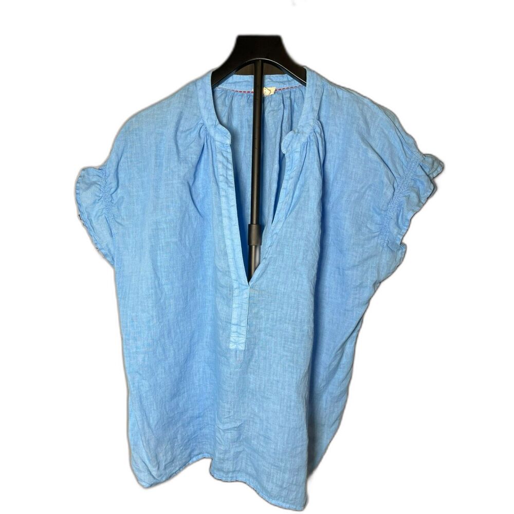 Pilcro Womens XL Blue 100% Linen Blouse Ruffle Sleeve Smocked Boho Top